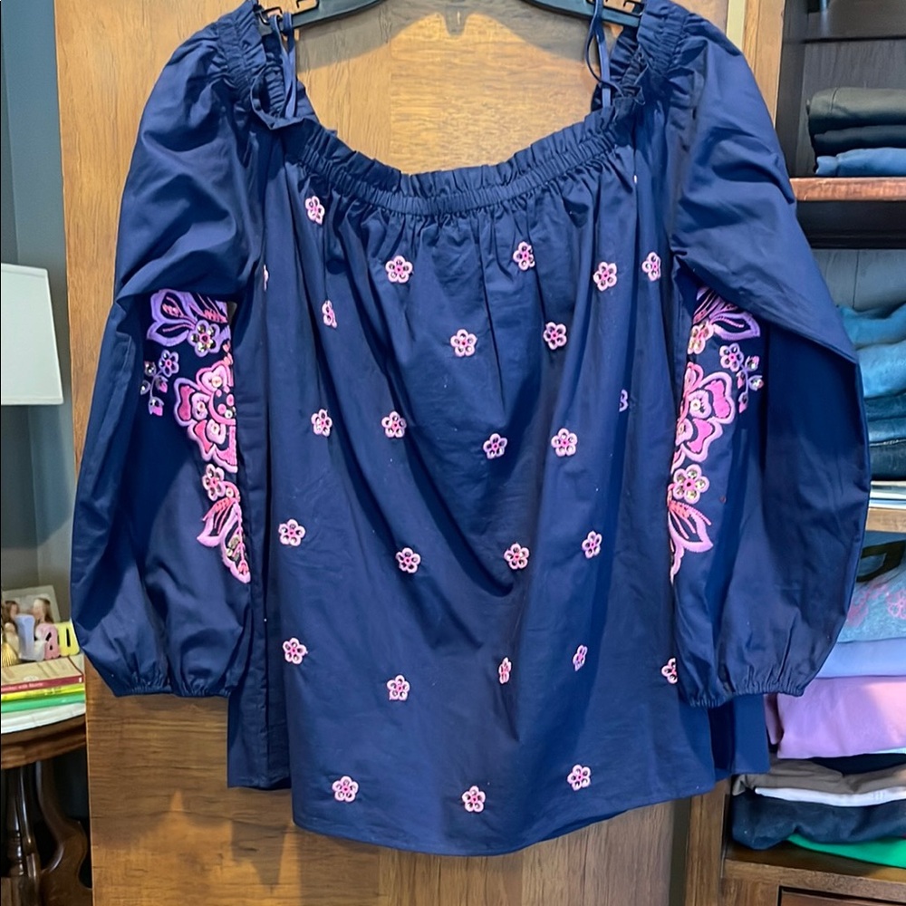 Lilly Pulitzer Jaeda on or off shoulder top in high tide blue with pink XL